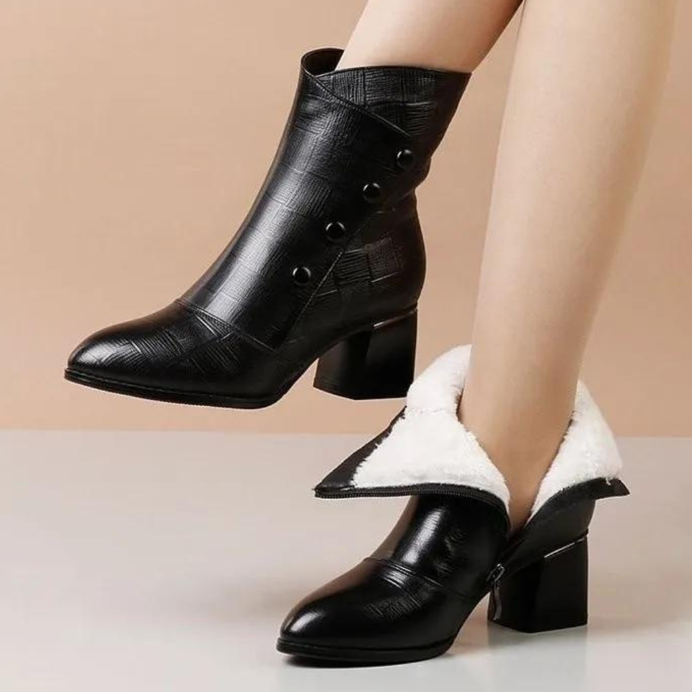 Women’s Ankle Boots – Textured Faux Leather – Block Heel – Side Buttons – Rounded Toe