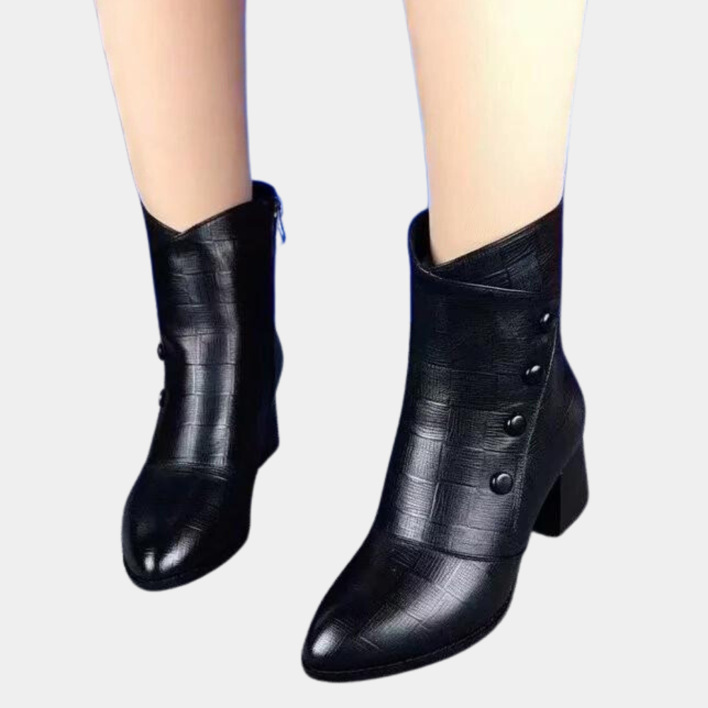 Women’s Ankle Boots – Textured Faux Leather – Block Heel – Side Buttons – Rounded Toe