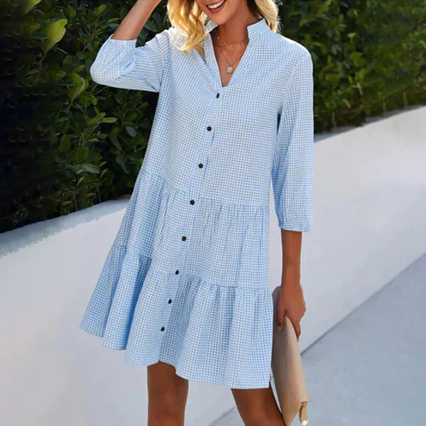 Women's Button-Up Shirt Dress - Gingham Check - A-Line Fit - Three-Quarter Sleeve