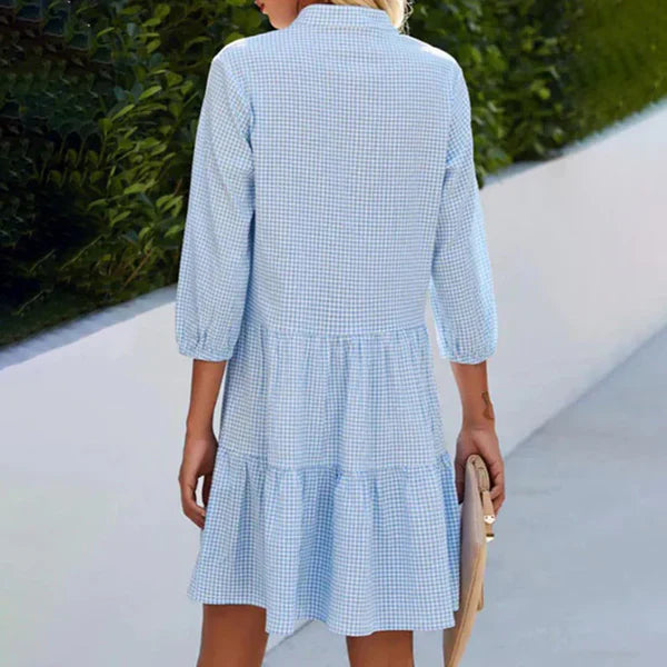 Women's Button-Up Shirt Dress - Gingham Check - A-Line Fit - Three-Quarter Sleeve