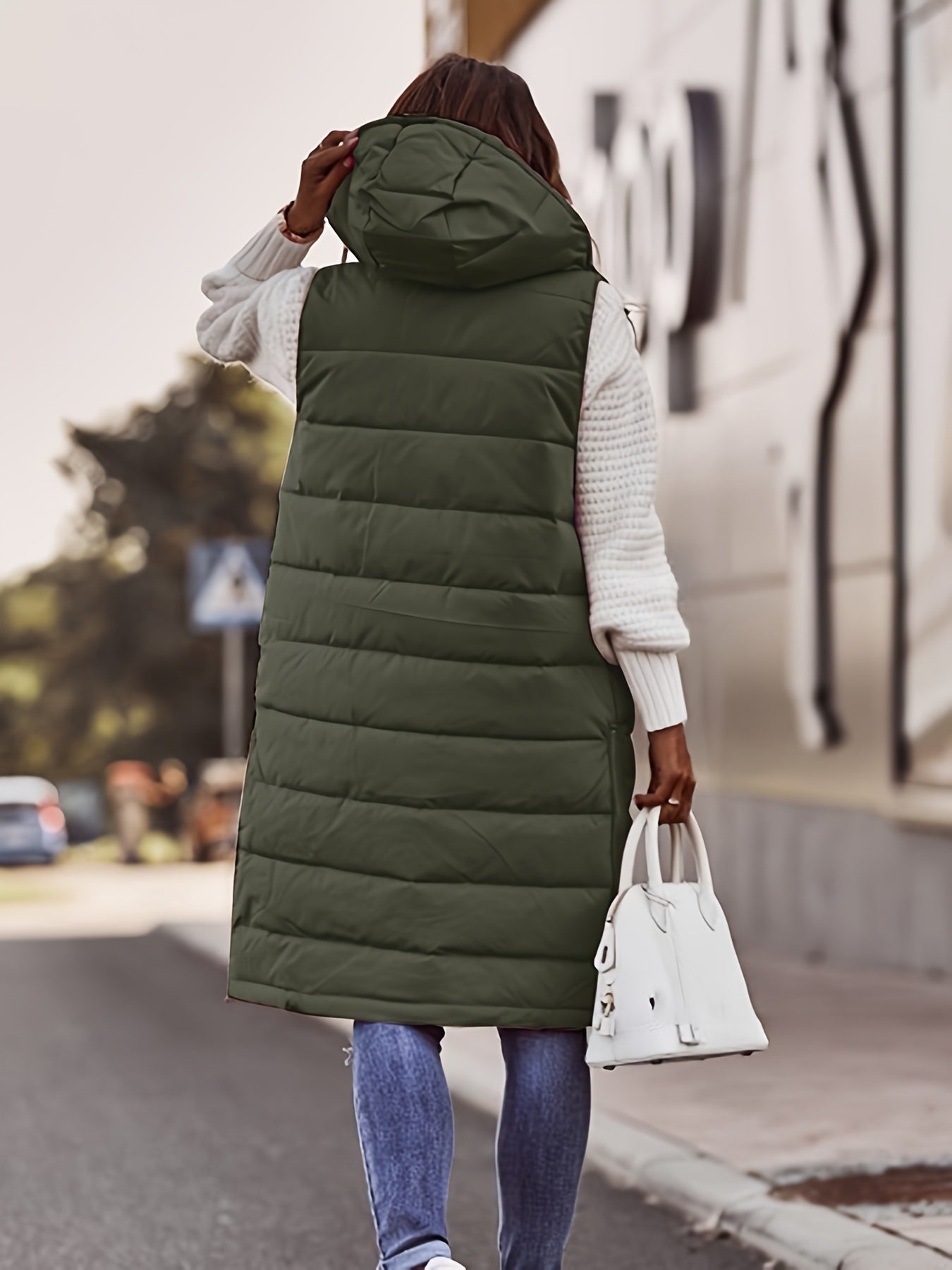 Women's solid color hooded single-breasted mid-length slim cardigan jacket