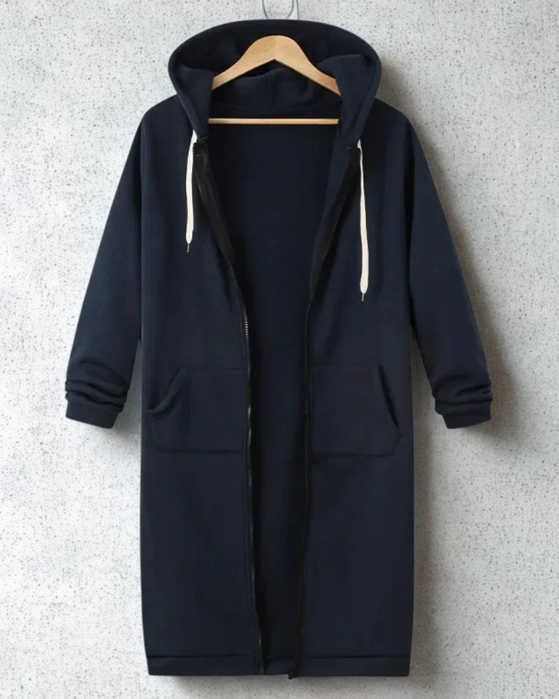 Women’s Long Hooded Jacket – Loose Fit – Cotton Blend – Full Zip – Front Pockets