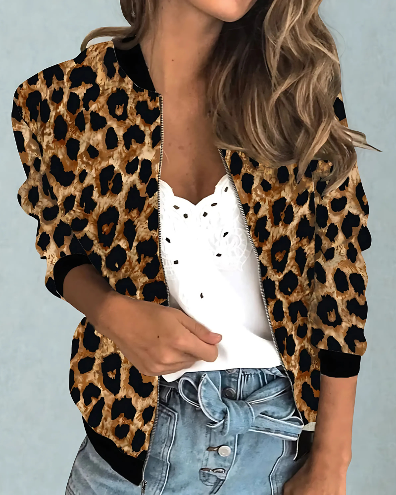Women’s Bomber Jacket – Relaxed Fit – Animal Print – Ribbed Trim – Zipper Front