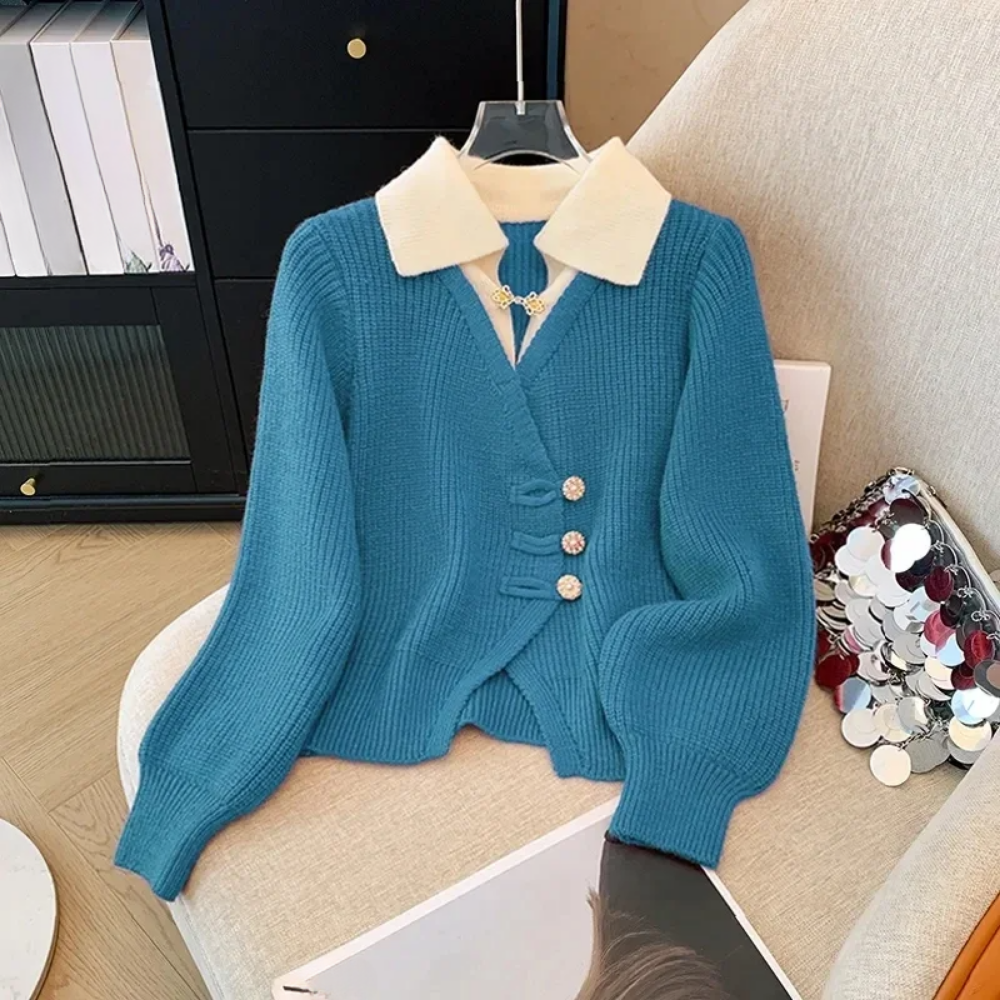 Women’s Cardigan Sweater – Relaxed Fit – Layered Mock Design – Decorative Buttons & Brooch