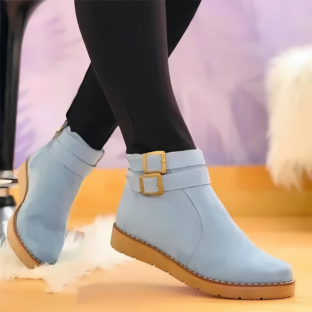 Women’s Ankle Boots – Structured Fit – Double Buckle Straps – Low Heel – Textured Sole