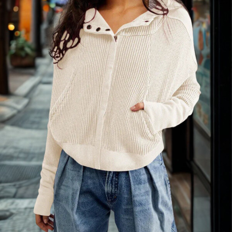 Women’s Cropped Hoodie – Waffle Knit – Relaxed Fit – Snap Closure – Thumbhole Cuffs