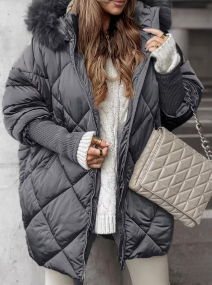 Women’s Puffer Coat – Oversized Relaxed Fit – Quilted Diamond – Faux Fur Hood Trim