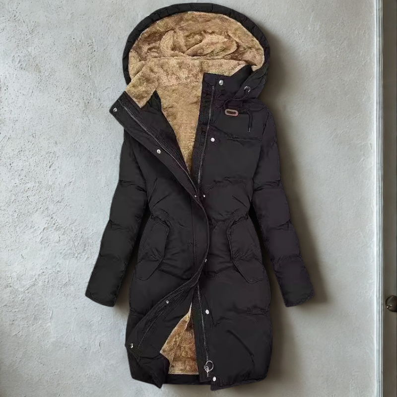 Women’s Long Puffer Coat – Quilted Insulated – Plush Hood – Adjustable Waist – Zip Front
