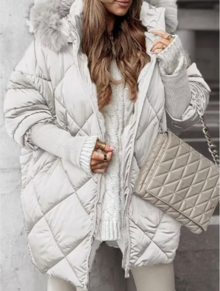 Women’s Puffer Coat – Oversized Relaxed Fit – Quilted Diamond – Faux Fur Hood Trim