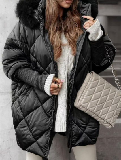 Women’s Puffer Coat – Oversized Relaxed Fit – Quilted Diamond – Faux Fur Hood Trim