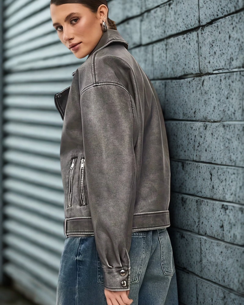 Women’s Leather Jacket – Oversized Fit – Asymmetrical Zipper – Belted Hip-Length