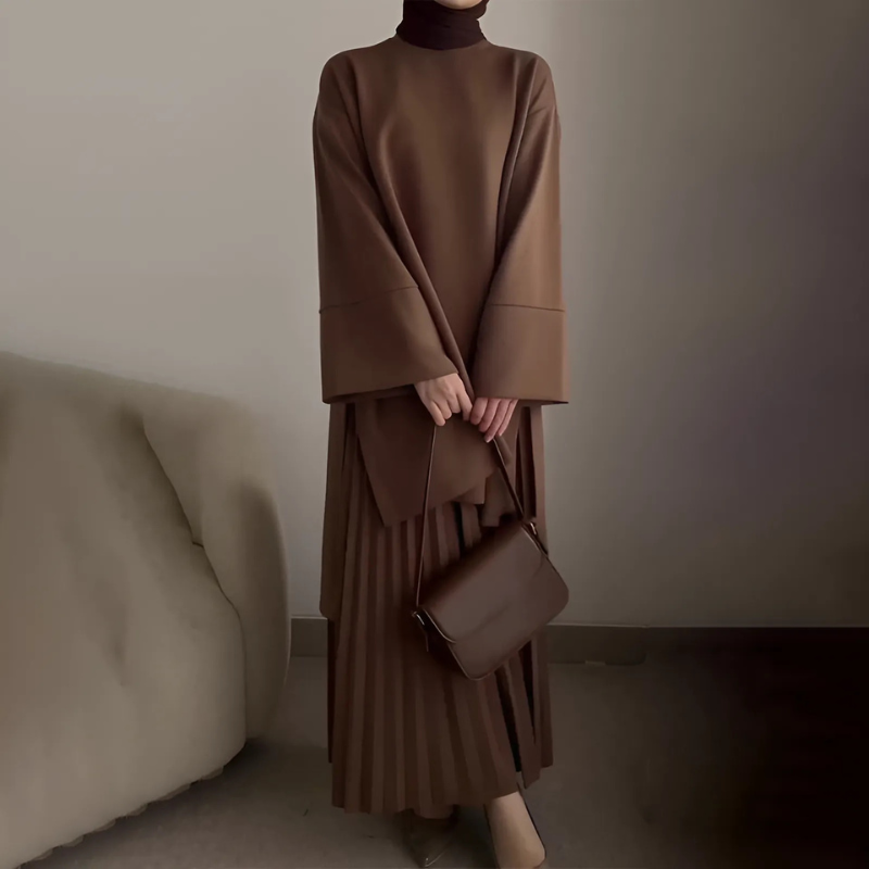 Women’s Two-Piece Skirt Suit Set – Oversized Mock Neck Top – Bell Sleeves – Pleated Maxi Skirt