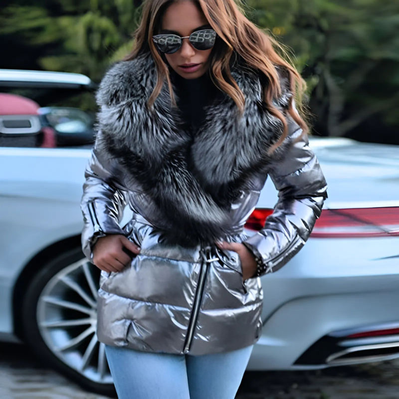 Women’s Quilted Jacket – Faux Fur Collar – Oversized Fit – Belted Waist – Zip Front
