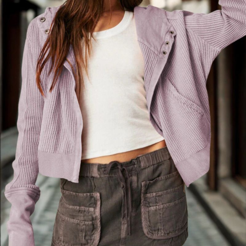 Women’s Cropped Hoodie – Waffle Knit – Relaxed Fit – Snap Closure – Thumbhole Cuffs