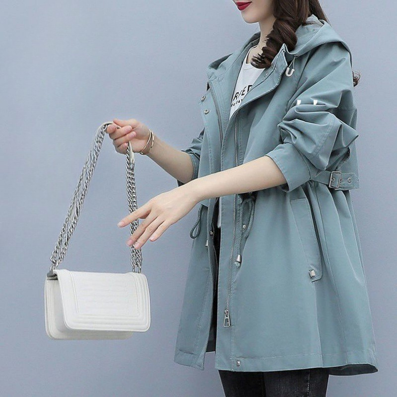 Women’s Windbreaker Jacket – Mid-Length Loose Fit – Hooded with Adjustable Waist