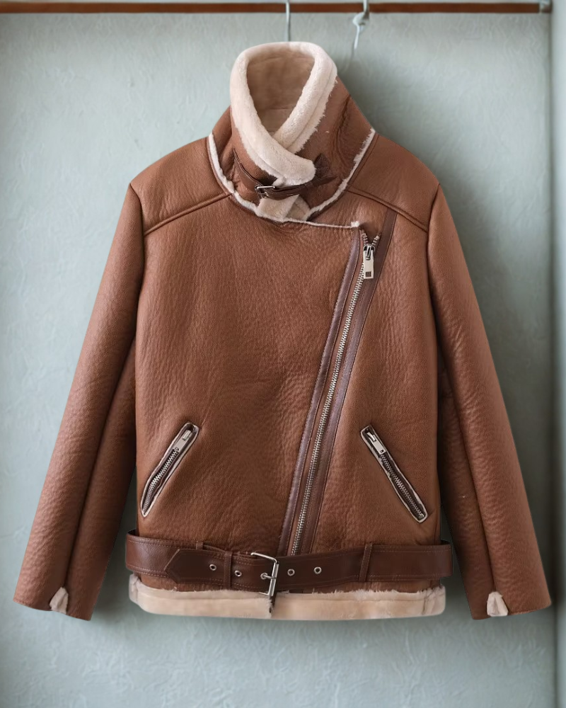 Women’s Motorcycle Jacket – Loose Fit – Shearling Lined – Asymmetrical Zip – Belted Waist