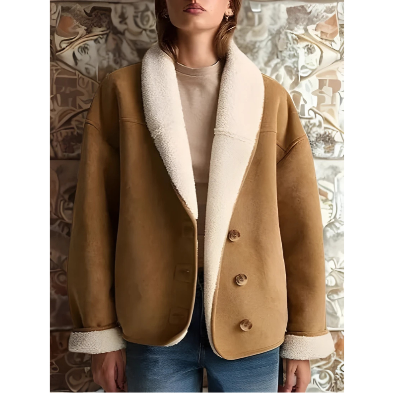 Women’s Jacket – Relaxed Fit – Faux Suede – Shearling Lined – Open Front Shawl Collar