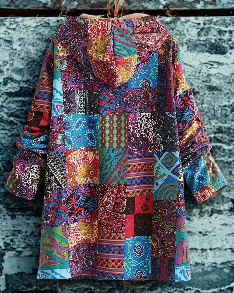 Women’s Hooded Jacket – Patchwork Design – Sherpa Lined – Loose Fit – Mid-Thigh Length