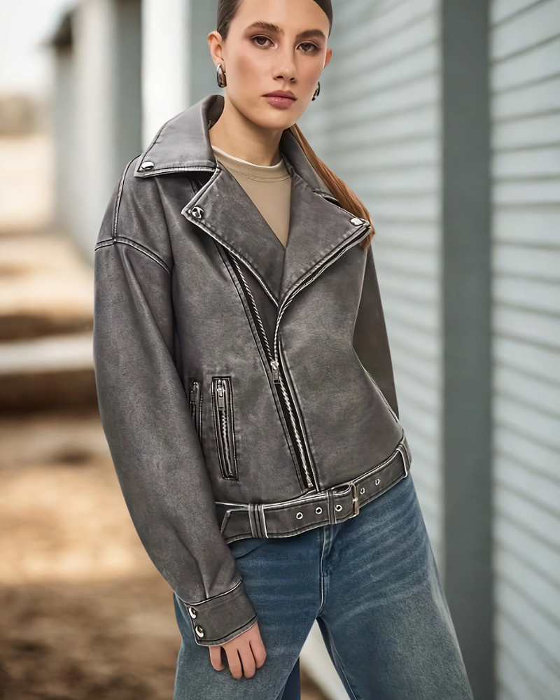 Women’s Leather Jacket – Oversized Fit – Asymmetrical Zipper – Belted Hip-Length