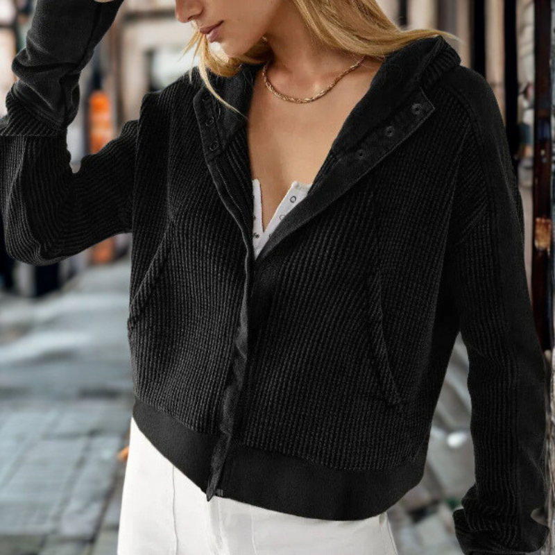Women’s Cropped Hoodie – Waffle Knit – Relaxed Fit – Snap Closure – Thumbhole Cuffs