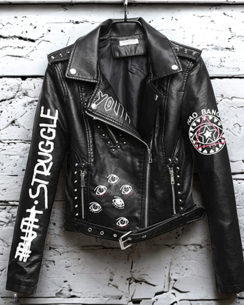 Women’s Motorcycle Jacket – Slim Fit – Cropped Leather – Rivets – Graphic Print