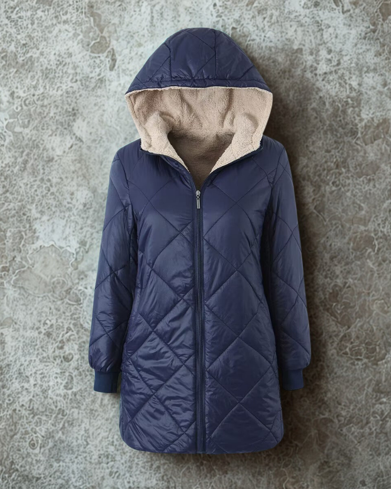 Women’s Quilted Hooded Coat – Reversible – Mid Length – Plush Lined – Ribbed Cuffs