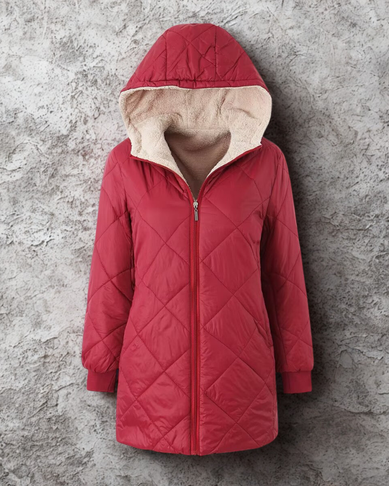 Women’s Quilted Hooded Coat – Reversible – Mid Length – Plush Lined – Ribbed Cuffs