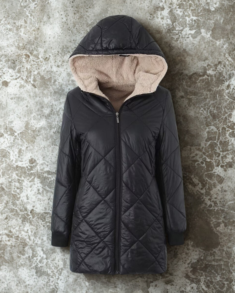 Women’s Quilted Hooded Coat – Reversible – Mid Length – Plush Lined – Ribbed Cuffs