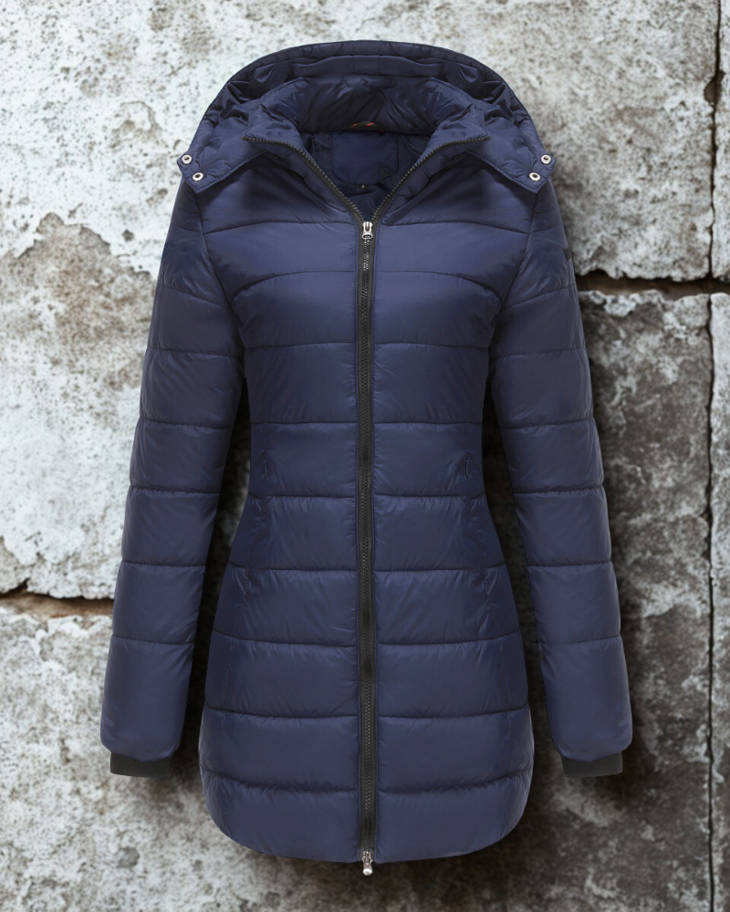 Women’s Longline Padded Coat – Quilted Design – Hooded – Two-Way Zipper – Structured Fit
