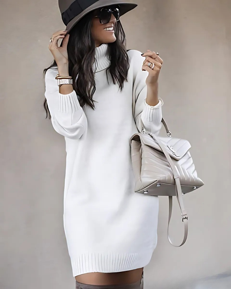 Women’s Mini Dress – Knit Fabric – Turtleneck – Ribbed Trim – Relaxed Slim Fit