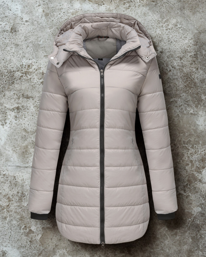 Women’s Longline Padded Coat – Quilted Design – Hooded – Two-Way Zipper – Structured Fit