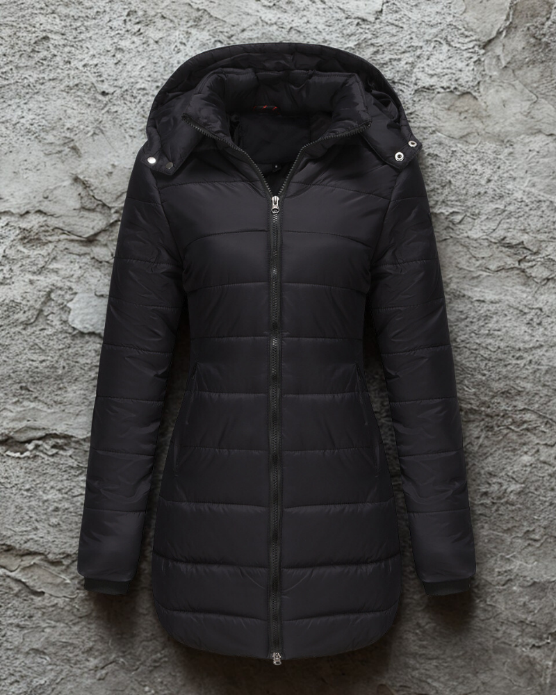 Women’s Longline Padded Coat – Quilted Design – Hooded – Two-Way Zipper – Structured Fit
