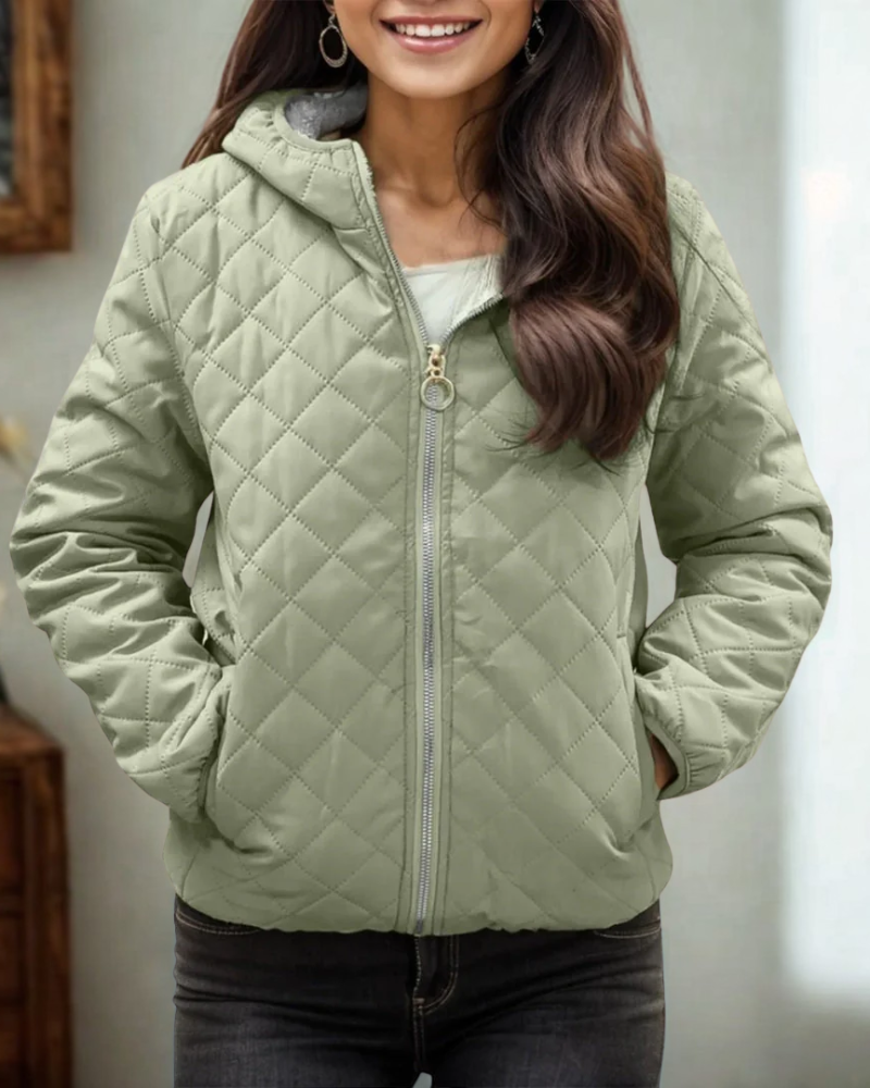 Women’s Quilted Jacket – Relaxed Fit – Hooded – Diamond Stitch – Zipper Closure