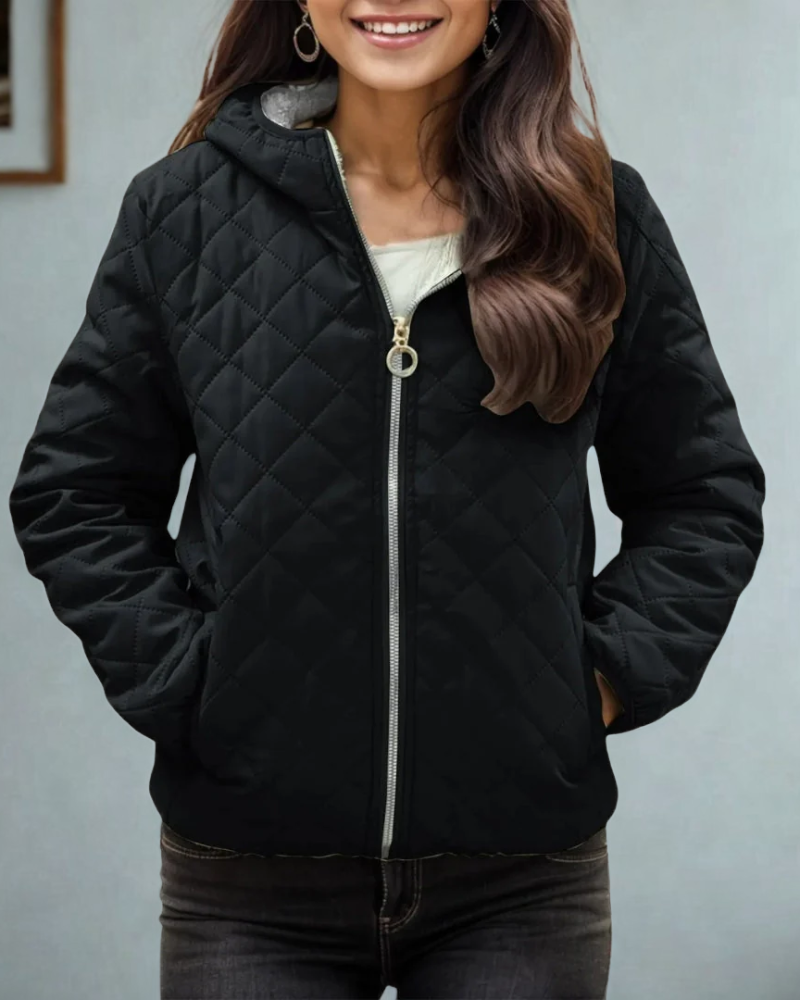 Women’s Quilted Jacket – Relaxed Fit – Hooded – Diamond Stitch – Zipper Closure