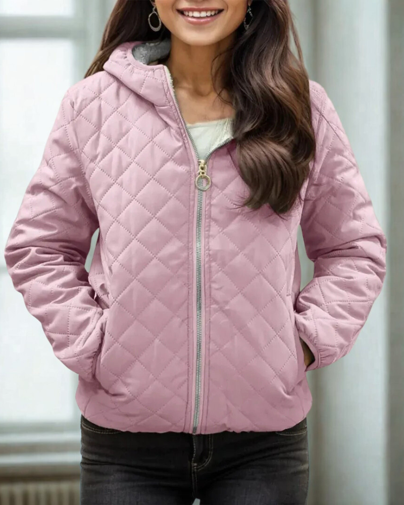 Women’s Quilted Jacket – Relaxed Fit – Hooded – Diamond Stitch – Zipper Closure