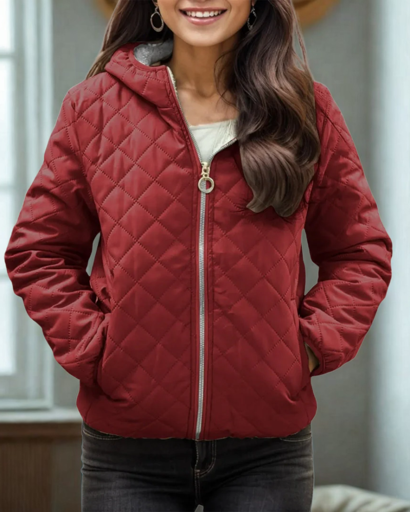 Women’s Quilted Jacket – Relaxed Fit – Hooded – Diamond Stitch – Zipper Closure