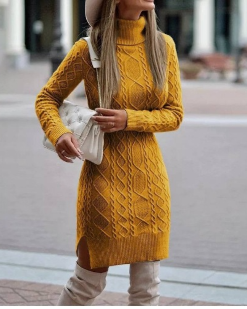 Women’s Mini Dress – Slim Fit Knit – Cable Knit Pattern – Turtleneck – Side Slit