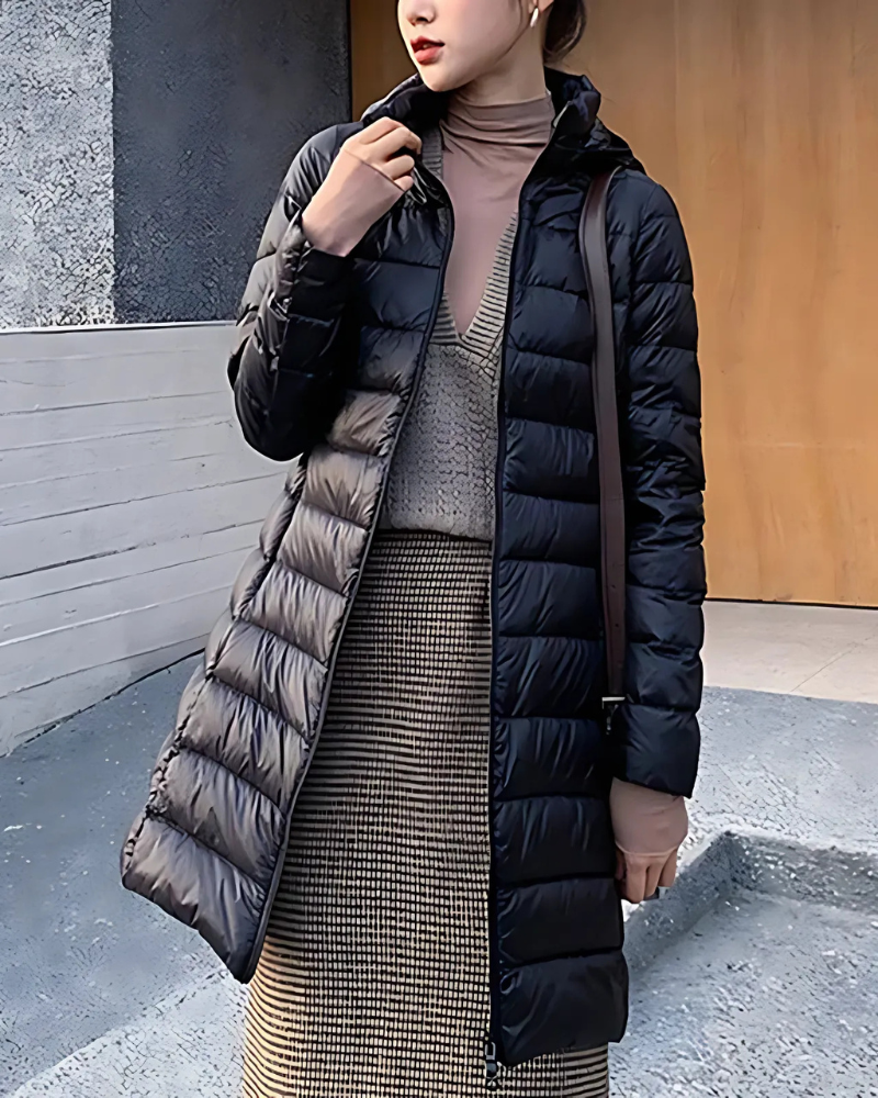 Women’s Puffer Jacket – Slim Fit – Mid-Length – Quilted Hooded – Water-Resistant