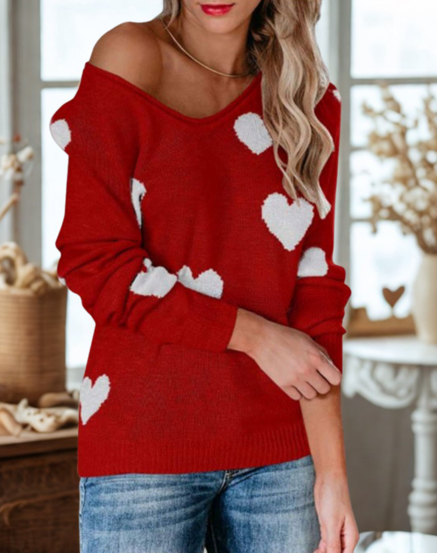 Women’s Sweatshirt - Knit - Relaxed Fit - V-Neck - Heart Pattern