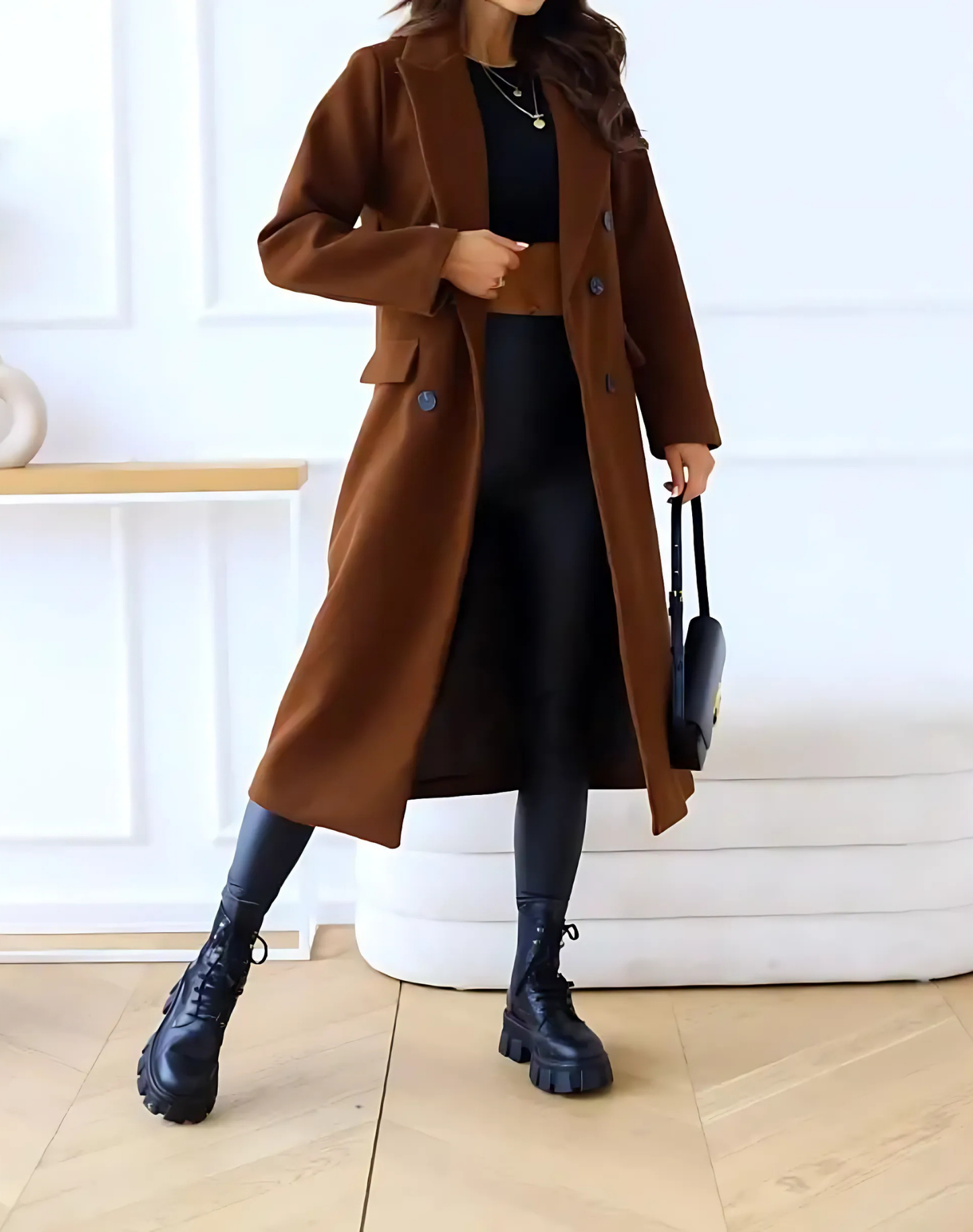 Women’s Coat - Wool - Longline Silhouette - Double-Breasted - Notched Lapel