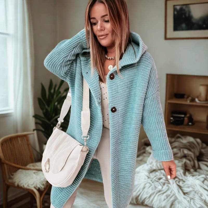 Women’s Hooded Cardigan Sweater – Chunky Knit – Loose Fit – Longline Button Front