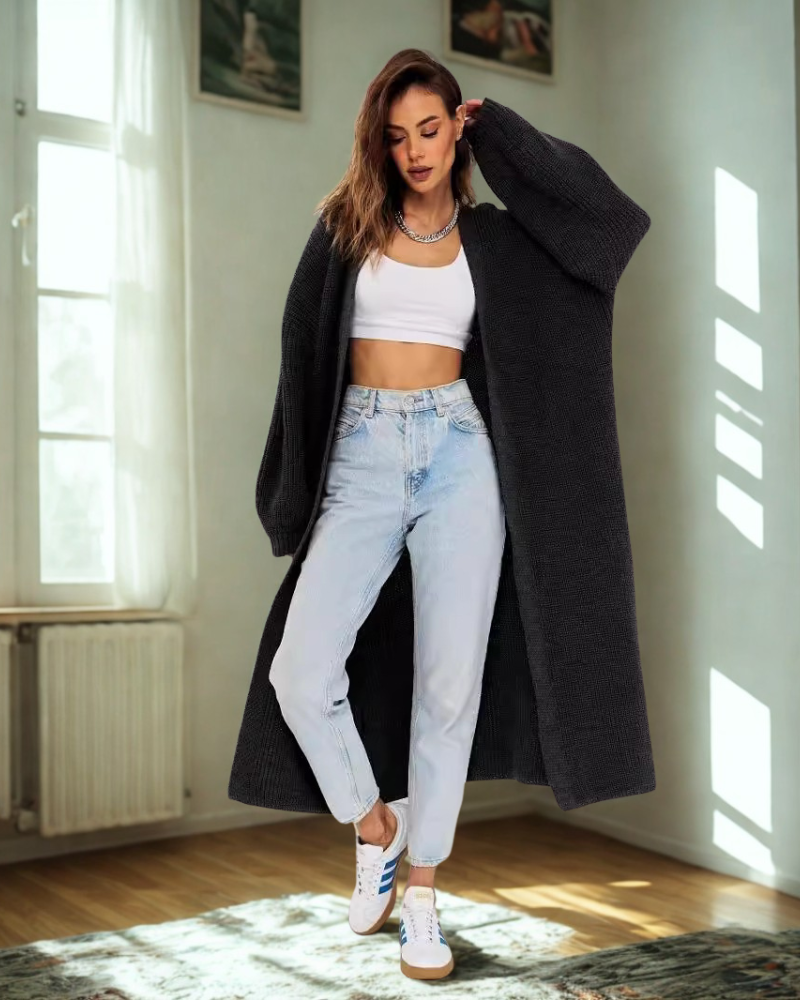 Women’s Long Cardigan – Oversized Fit – Ribbed Knit – Dropped Shoulders – Wide Sleeves