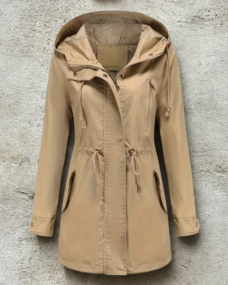 Women’s Hooded Coat – Loose Fit – Cotton Blend – Drawstring Waist – Snap Cuffs – Mid Thigh