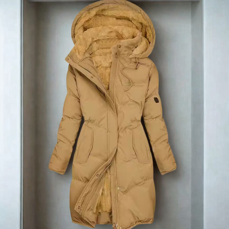 Women’s Long Puffer Coat – Quilted Insulated – Plush Hood – Adjustable Waist – Zip Front