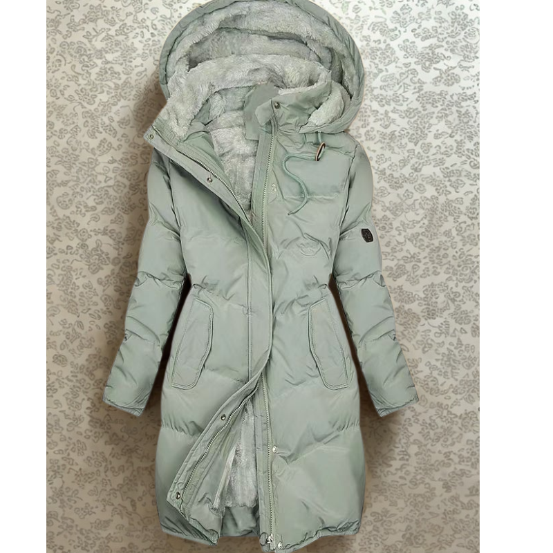 Women’s Long Puffer Coat – Quilted Insulated – Plush Hood – Adjustable Waist – Zip Front