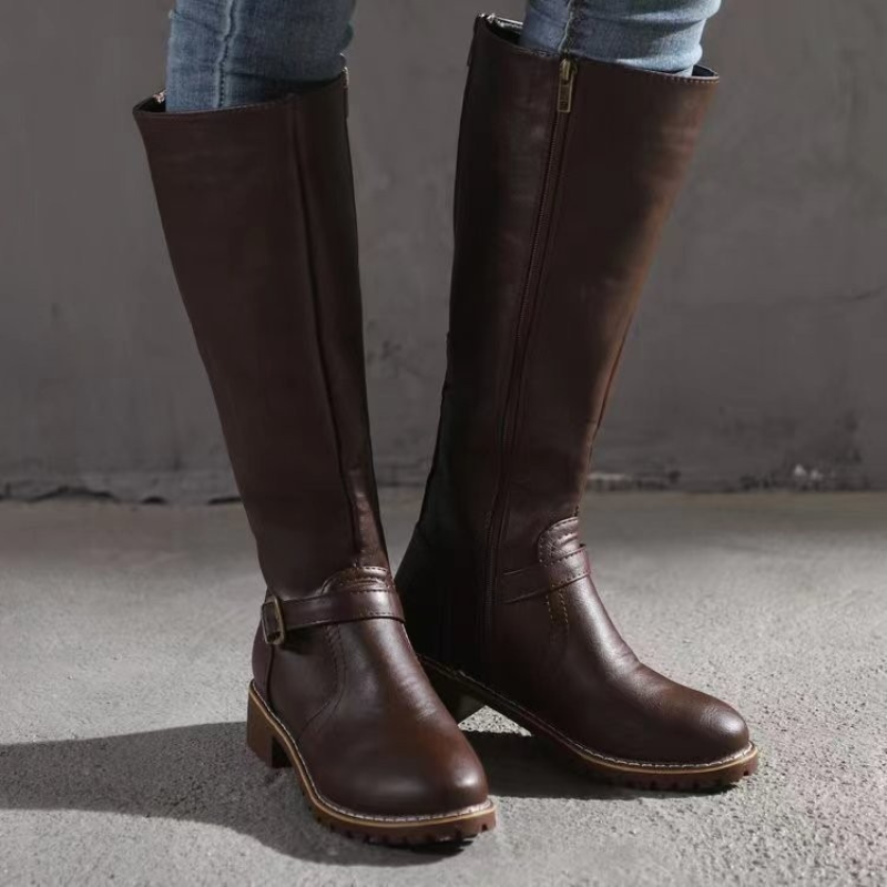 Women’s Boots - Leather-Like Material - Knee-High Shaft - Dual Zipper Closure