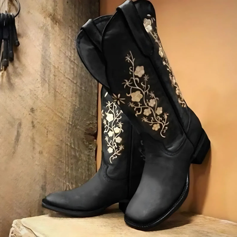 Women’s Boots - Leather - Mid-Calf - Western Style - Floral Embroidery - Rounded Square Toe