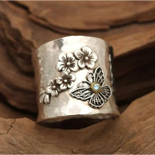 Hammered Metal Floral Butterfly Gemstone Bracelet