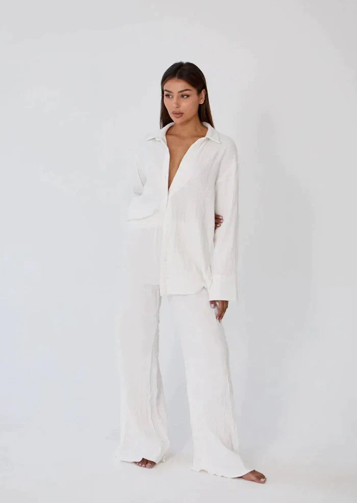 Women's Cotton Button-Down Set - Classic Collar - Relaxed Fit - Long Sleeve Casual Wear