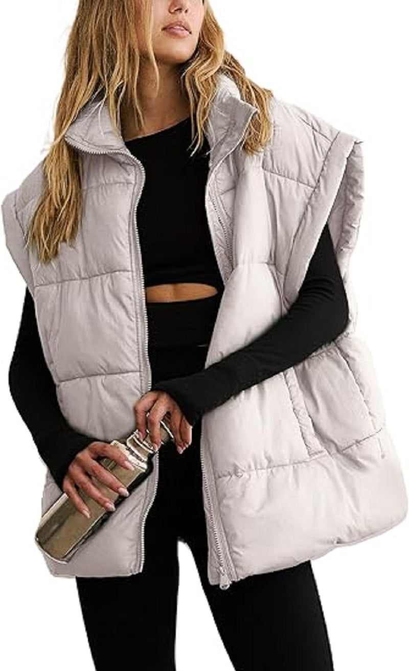 Zipper Pocket Cotton Stand Collar Vest